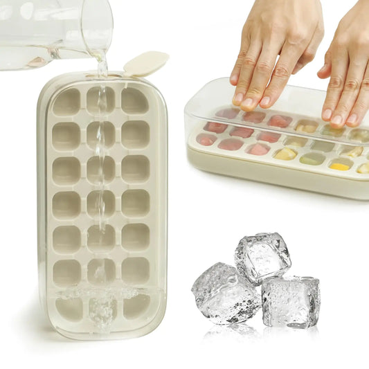 2025 Ice Cube Tray with Lid and Bin 21 Pcs Quick-Fill Ice Cube Mold for Freezer Easy Press to Release White No-Touch Ice Cube Trays